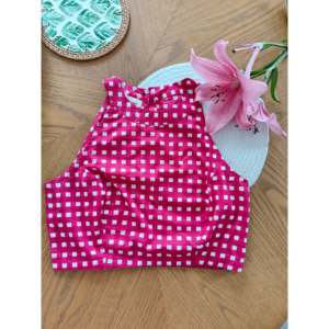 Top court sans bretelles en gingham rose pour femme avec fermeture éclair décorative - Product Image 4
