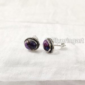 Boucles d'oreilles clous pour femmes, pierre précieuse turquoise cuivre naturel violet, bijoux unisexes faits à la main, argent sterling 925 - Product Image 4