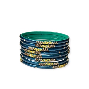 Conjunto de Brazaletes de Moda Color Verde Mar con Baño de Oro, Diseño Premium con Imitación de Perlas a Precio de Mayoreo para Mujer - Product Image 3