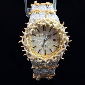Reloj de Lujo con Diseño de Espinas, Diamantes Incrustados, Dorado y Plateado, Estilo Hip Hop, Bisel con Púas, Estilo Real, Automático, con Correa de Brazalete - Product Image 1