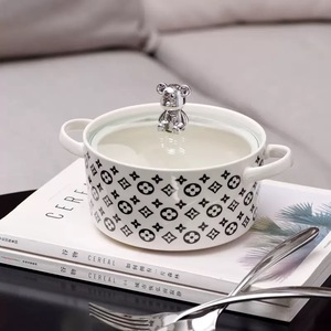 Bol à pâtisserie en céramique écologique à motif noir et blanc de style INS, bol à nouilles, bol à soupe avec couvercle - Product Image 4