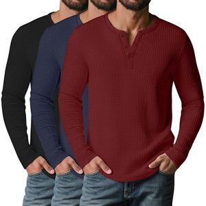Nouvelle collection automne OEM – T-shirts décontractés pour hommes à manches longues, coupe régulière, col en V boutonné, en tissu gaufré uni, écologiques et respirants 180 - Product Image 1