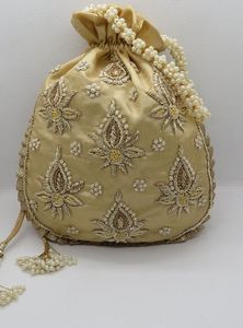 2024 élégant lourd soie Potli sacs de soirée Dabka broderie cristal perles de verre perles beau seau motif pour la fête - Product Image 2