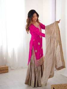 Ensemble Sharara en soie Chinon en gros avec broderie lourde de sequins et de perles, costume prêt-à-porter 3 pièces pour femmes, idéal pour les fêtes - Product Image 3