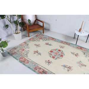 Vintage Turkish Area Rug 5.1x7.8 ft, <b>Red</b> Blue Ombr <b>Wool</b> Rug - Product Image 3