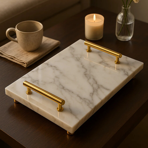 Plateau de service moderne en marbre blanc Poignées en laiton doré Pieds boule Plateau rectangulaire élégant pour la décoration intérieure Rotation jetable - Product Image 3