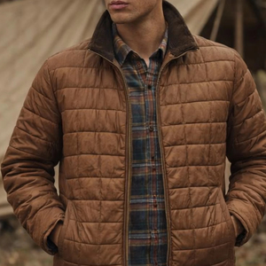 Veste matelassée vintage marron pour homme, veste d'hiver légère, vêtements de travail décontractés pour homme, fermeture éclair sur le devant, col montant - Product Image 1