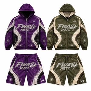 DiZNEW Mens Cotton Zip up Hoodie and Distressed Shorts Sets Patchwork Embroidery Washed Streetwear Custom Logo OEM ODM Wholesale - Product Image 1