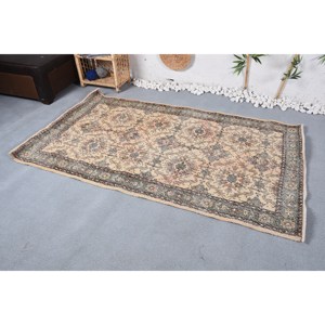Tapis en Laine Vintage de Grande Surface Beige Vert Patchwork Motif Abstrait 4X7 pieds pour Chambre à Coucher Latex Backed Jute Material 10mm - Product Image 2