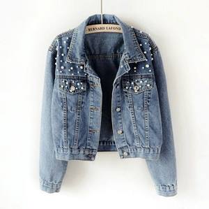 Black Denim <b>Jacket</b> with Stylish Patchwork <b>Pattern</b> Pearl Jean <b>Jackets</b> Blue Jean Women Denim <b>Jacket</b> - Product Image 2