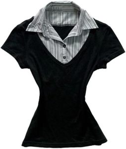 Chemise d'été en coton noir imprimé pour femmes avec motif floral et dessin animé, manches courtes, haut décontracté - Product Image 4