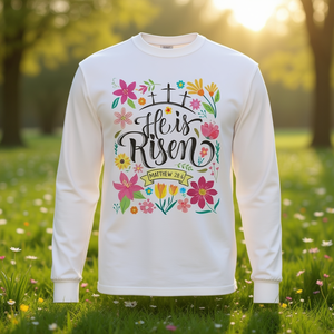 Camiseta de manga larga He Is Risen Matthew 28 con diseño floral cristiano de Pascua - Product Image 3