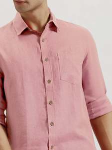 Chemise décontractée d'été pour homme en lin rose clair à imprimé unique, manches longues, col rabattu, bouton unique, séchage rapide, durable et unie - Product Image 2