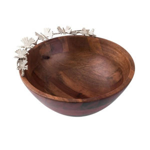Dernier bol en bois rond fait à la main avec fleur en métal doré pour salade dessert servant de la vaisselle de mariage pour la maison ou l'hôtel - Product Image 5