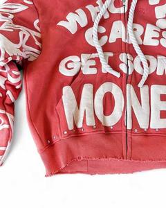 Custom Distressed Hem Rhinestone Pullover Boxy Recortado de gran tamaño Acid Wash Zip up Puff Print Hoodies Hombres - Product Image 3