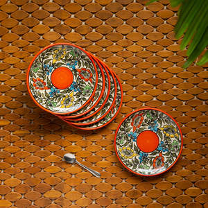 Juego de 6 Platos Laterales/Tercioplatos de Cerámica Multicolores Naranja Pintados a Mano con Diseño Bohemio Mughal Bagheecha, Aptos para Microondas - Product Image 3