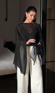 Elegante y moderno 100% Lino Conjunto de noche Sheer Black Chiffon Cape Top Lentejuelas lineales Cuffed Top Transpirable - Product Image 3