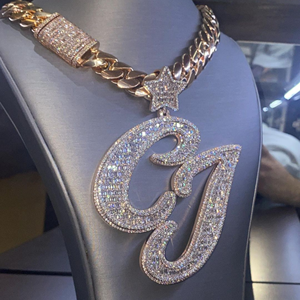 Pendentif en moissanite glacé avec initiale GJ, chaîne en argent sterling de style hip-hop, lien cubain, bijoux de luxe - Product Image 4