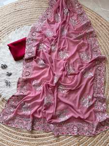 Diseñador indio puro suave Georgette seda Saree hermoso bordado trabajo secuencia borde para bodas fiestas desgaste - Product Image 2