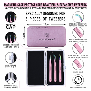 Pince à épiler à extension de cils 3 pièces étui magnétique en couleur arc-en-ciel et rose marque privée ensemble de pinces à cils en acier inoxydable - Product Image 3