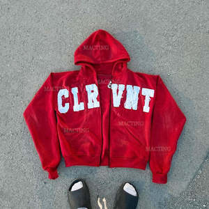 Acid Wash Hoodie Zip up Hoodie Hombres Custom Distressed Applique Patch Bordado Hoodies para hombre, Basics algodón mezclado - Product Image 3