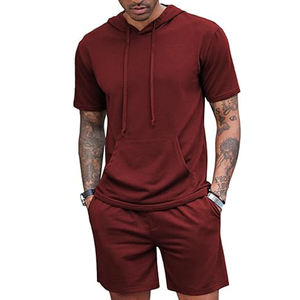 2025 nuevo chándal atlético de alta calidad transpirable de secado rápido rojo vino manga corta Casual deportes Sudadera con capucha pantalones cortos activos - Product Image 1