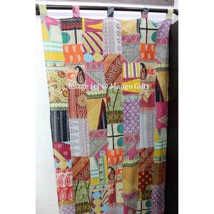 Vintage Indian Kantha Embroidered Patchwork Sari 100% Cotton Boho <b>Window</b> Door Drapes Recycled <b>Curtains</b> & Valances - Product Image 3
