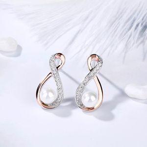 Jeulia <b>Infinity</b> Freshwater Pearl Stud <b>Earrings</b> in Sterling <b>Silver</b> with Diamond Accents - Product Image 6