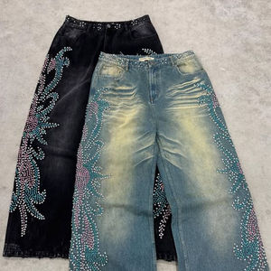Jean en denim taille haute à jambe large avec broderie florale à sequins, style streetwear, en coton délavé, coupe ample, pour l'automne - Product Image 4
