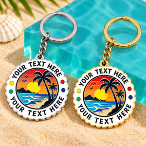 Porte-clés personnalisés en émail dur, thème plage tropicale, plaqués argent et or, en métal festonné - Product Image 1