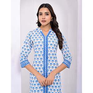 Cotton <b>Block</b> <b>Printed</b> White Blue Pakistani Dress for Girls Ethnic Indian Kurti with Salwar Kameez Daily & Party Wear - Product Image 3