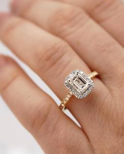 6x8mm <b>Emerald</b> Cut CZ Engagement <b>Ring</b> with Halo and Pave Band in Gold | Elegant Bridal Wedding Jewelry - Product Image 2