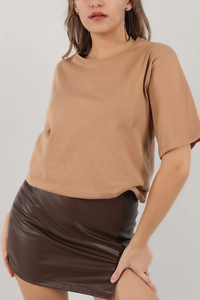 Camiseta de Manga Corta con Cuello Redondo para Mujer, Color Camel, Corte Regular, Color Sólido, Transpirable, Tejida, Estilo Casual de Primavera/Verano - Product Image 6