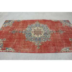 4.7x8.5 ft Area Turkish Rug, Vintage Rug, <b>Red</b> Blue Striped <b>Wool</b> Rug - Product Image 2