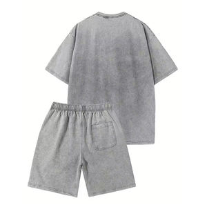 เซ็ตสั้น2ชิ้นสำหรับผู้ชายเสื้อยืดคอกลมขนาดใหญ่พิเศษของผู้ชายทรงโอเวอร์ไซส์ล้างหินน้ำหนักมากงานตามสั่ง - Product Image 2