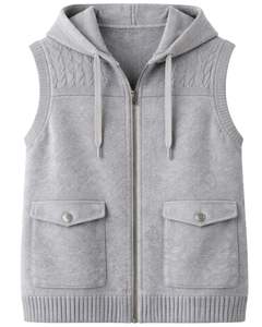 Customized <b>Men</b> Light Grey Hooded Sleeveless Cable Knit <b>Vest</b> Wool Acrylic Blend Full Zip Winter Casual <b>Sweater</b> With Pockets - Product Image 1