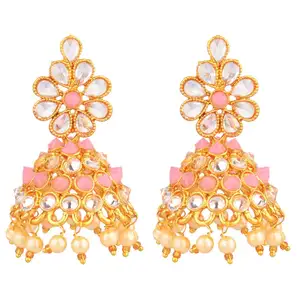 Indian Crystal Kundan Faux Pearl Earrings Supplier Gold plated Tone Dangle Jhumka Jhumki Bridal Earrings Jewellery Set For Women