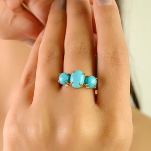 Beautiful Collection New Arrivals <b>Turquoise</b> & Diamond Statement Three Stone <b>Ring</b> 14K Real Yellow Gold Wedding Jewelry Wholesale - Product Image 2