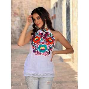 Blusa Étnica Boho sin Mangas con Cuello Halter y Bordado Floral para Mujer, Top Informal de Verano de Algodón - Product Image 3