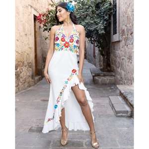 Vestido Maxi con Cuello en V, Bordado Floral, Cintura Natural, Lavable, Dobladillo Asimétrico con Volantes, Color Personalizado para Mujer, Ropa para Fiesta Mexicana - Product Image 3