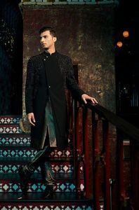 DESIGNER GROOM BLACK INDO-WESTERN SHERWANI,KURTA & <b>PANT</b> DRESS WITH EMBELLISHED CRYSTAL GLASS BEADS,DABKA WORK for WEDDING=2025 - Product Image 2