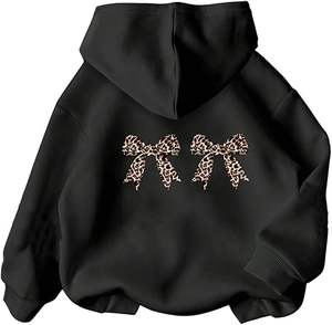 Preppy Cute Girl's Bow Cheetah Leopard Hoodie Jersey de manga larga Tops con bordado para Otoño Invierno - Product Image 1