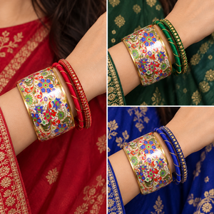 กำไลข้อมือโลหะเคลือบสีทำมือ ดีไซน์ลายดอกไม้แบบตะวันออก ชุดเครื่องประดับสำหรับงานแต่งงาน สีแดง สีเขียว สีน้ำเงิน - Product Image 3