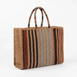 Sac fourre-tout bohème en crochet de raphia à rayures, grande capacité, sac à main décontracté pour femme, usage quotidien, deux poignées, ouverture supérieure - Product Image 3