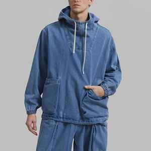 Nouveau sweat à capuche oversize en denim pour homme, coupe-vent, avec logo personnalisé, en coton, couleur unie, style streetwear, effet délavé - Product Image 3