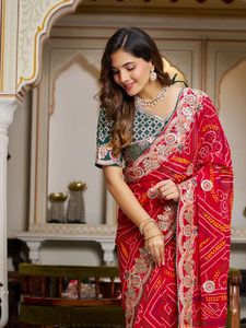 Launching <b>red</b> pure bandhej <b>saree</b> with heavy pitha & gota patti work New Festival wedding wear - Product Image 4
