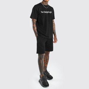 Verano logotipo personalizado camiseta pantalones cortos conjuntos para hombres de gran tamaño camisetas hombres Boxy Fit negro Camiseta 100% algodón liso chándal - Product Image 3