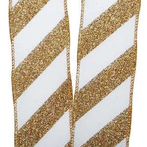 Diagonal Glitter Striped Faux Linen <b>Wired</b> <b>Ribbon</b> Floral Polyester Organza and Metallic for Wedding and Christmas Gift Wrapping - Product Image 4