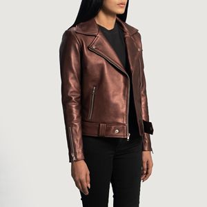 Chaqueta de Motociclista para Mujer de Piel de Oveja Auténtica con Cremallera, Color Marrón Rumy, con Forro de Viscosa Acolchado y Bolsillos Interiores y Exteriores - Product Image 4
