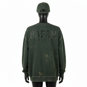 Sudadera para Mujer con Efecto Deslavado al Ácido, de Algodón y Felpa, Verde Vintage, con Transferencia de Calor de Cristal, Logotipo Personalizado, Transpirable - Product Image 2